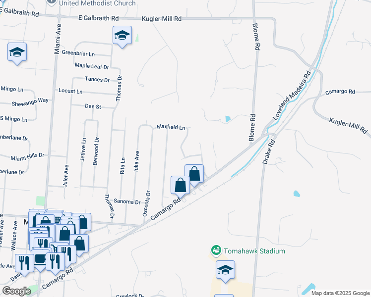 map of restaurants, bars, coffee shops, grocery stores, and more near 8137 Maxfield Lane in Cincinnati