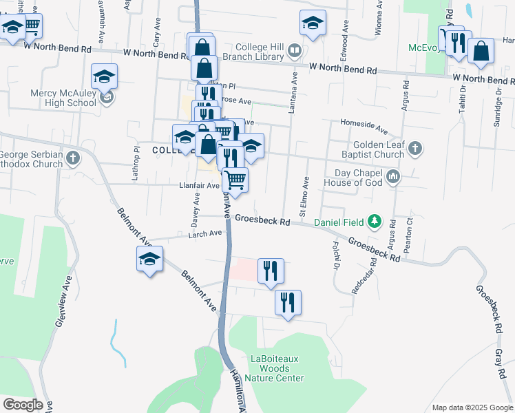 map of restaurants, bars, coffee shops, grocery stores, and more near 5806 Hamilton Avenue in Cincinnati
