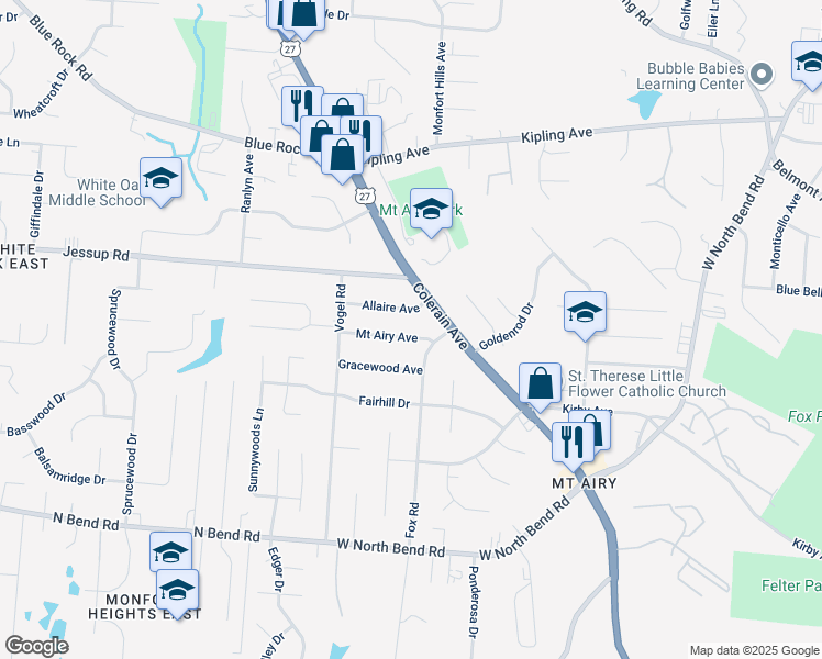 map of restaurants, bars, coffee shops, grocery stores, and more near 2614 Allaire Avenue in Cincinnati