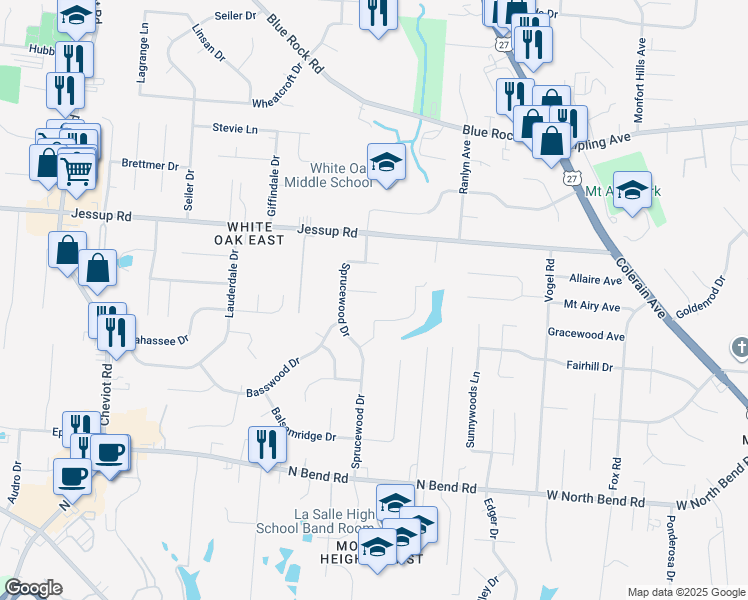 map of restaurants, bars, coffee shops, grocery stores, and more near 3132 Locust Log Lane in Cincinnati