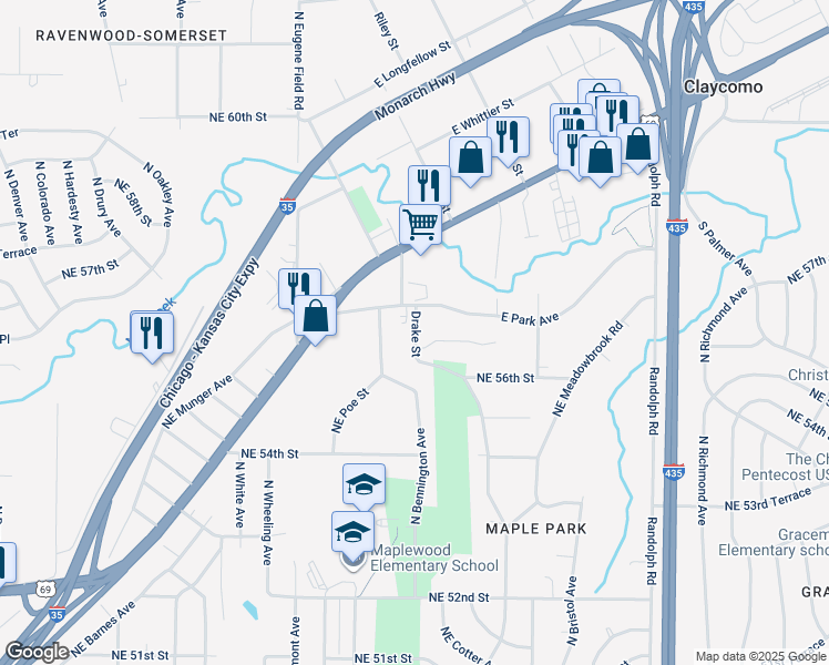 map of restaurants, bars, coffee shops, grocery stores, and more near 111 East Park Avenue in Kansas City