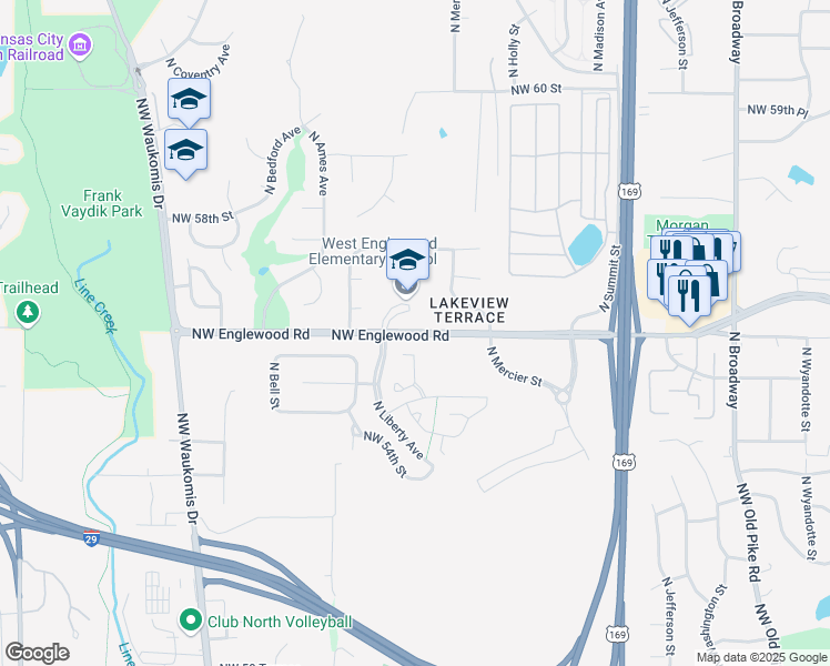 map of restaurants, bars, coffee shops, grocery stores, and more near 5612 North Mercier Street in Kansas City
