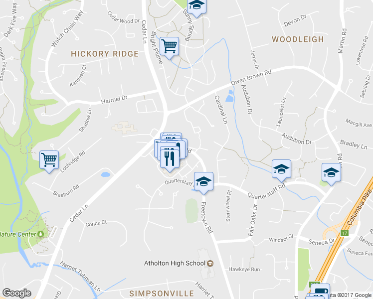 map of restaurants, bars, coffee shops, grocery stores, and more near 6470 Freetown Road in Columbia