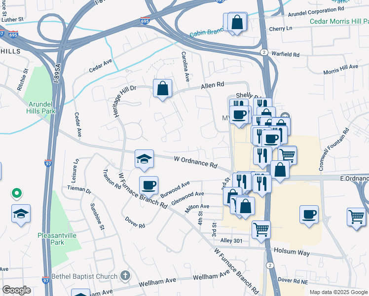 map of restaurants, bars, coffee shops, grocery stores, and more near 302 Juneberry Way in Glen Burnie