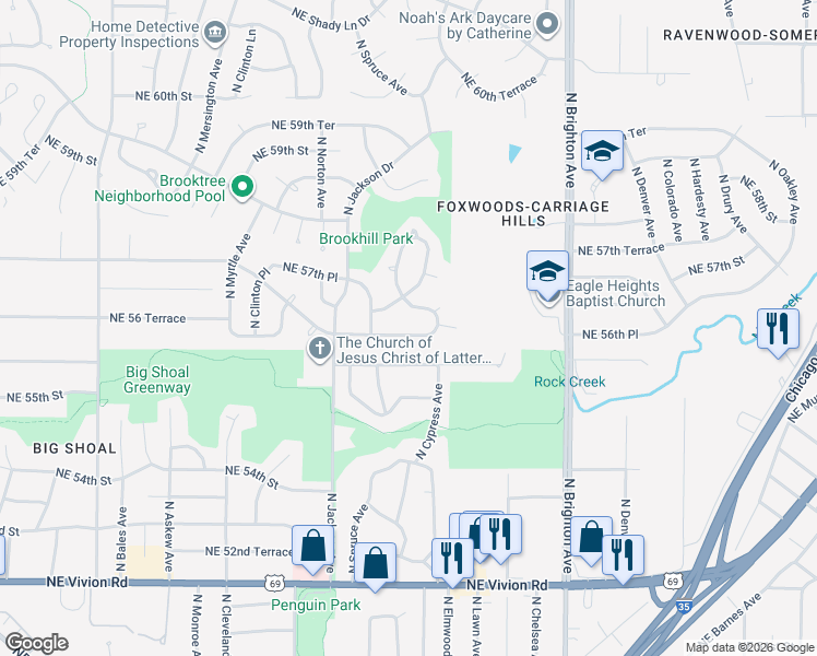 map of restaurants, bars, coffee shops, grocery stores, and more near 5803 North Cypress Avenue in Kansas City