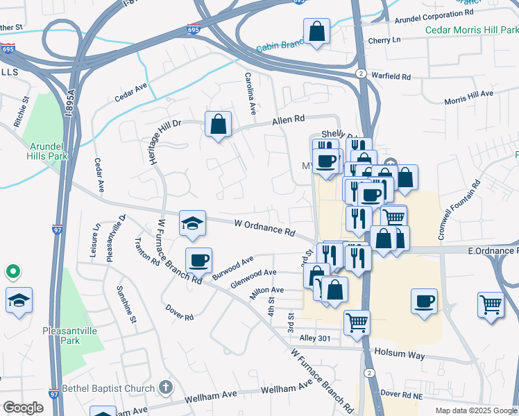 map of restaurants, bars, coffee shops, grocery stores, and more near 300 Juneberry Way in Glen Burnie
