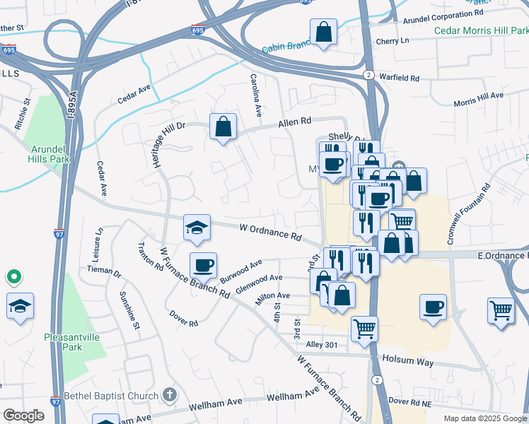 map of restaurants, bars, coffee shops, grocery stores, and more near 300 Juneberry Way in Glen Burnie