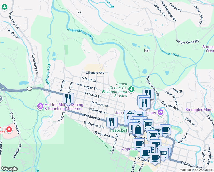 map of restaurants, bars, coffee shops, grocery stores, and more near 330 Lake Avenue in Aspen