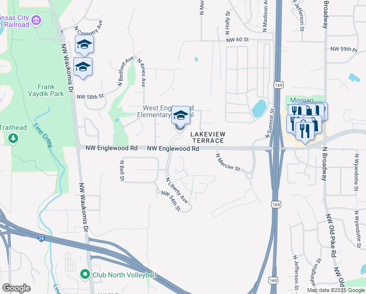 map of restaurants, bars, coffee shops, grocery stores, and more near 1500 Northwest Englewood Road in Kansas City