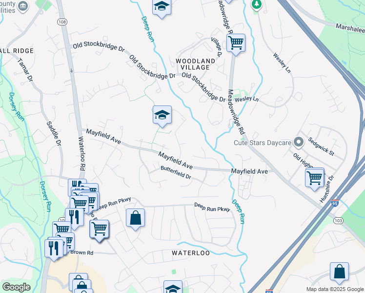 map of restaurants, bars, coffee shops, grocery stores, and more near 7922 Red Barn Way in Elkridge