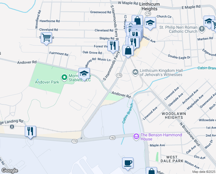 map of restaurants, bars, coffee shops, grocery stores, and more near 806 South Camp Meade Road in Linthicum Heights
