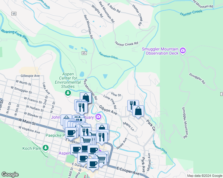map of restaurants, bars, coffee shops, grocery stores, and more near 236 Vine Street in Aspen