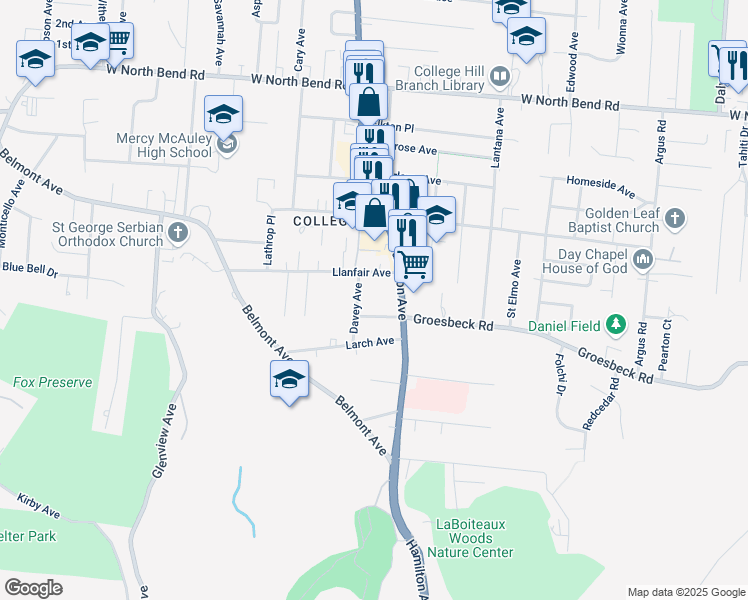map of restaurants, bars, coffee shops, grocery stores, and more near 1625 Llanfair Avenue in Cincinnati