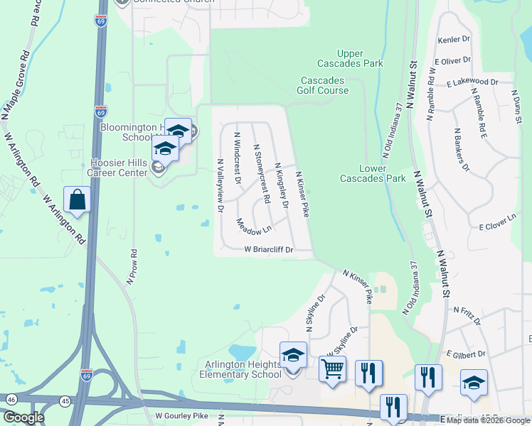 map of restaurants, bars, coffee shops, grocery stores, and more near 3272 North O Brien Place in Bloomington