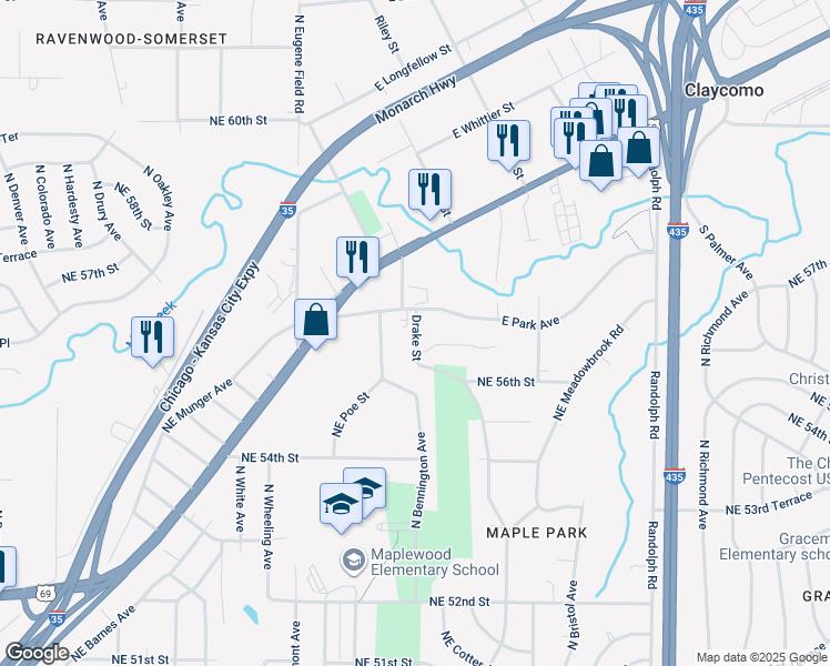 map of restaurants, bars, coffee shops, grocery stores, and more near 111 East Park Avenue in Kansas City