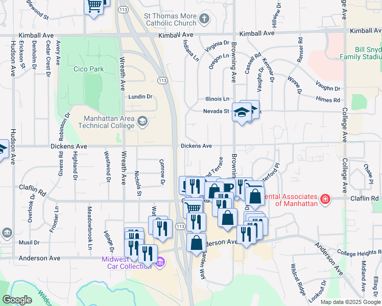 map of restaurants, bars, coffee shops, grocery stores, and more near 1600 Virginia Drive in Manhattan