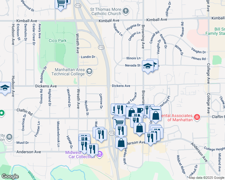 map of restaurants, bars, coffee shops, grocery stores, and more near 1609 Virginia Drive in Manhattan
