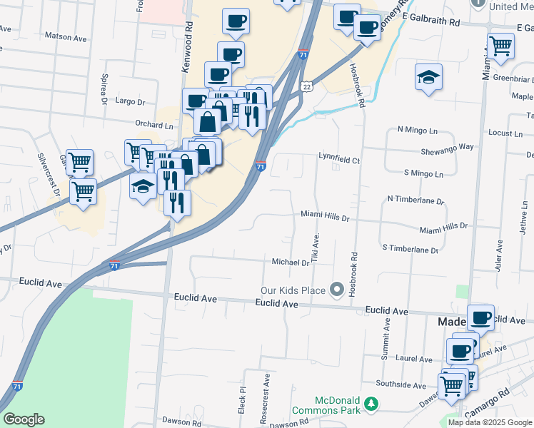 map of restaurants, bars, coffee shops, grocery stores, and more near 6816 Miami Hills Drive in Cincinnati