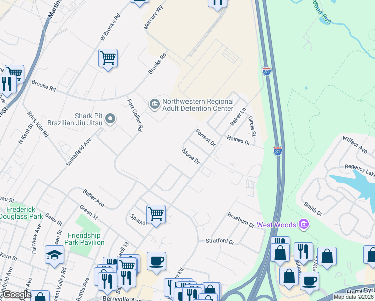 map of restaurants, bars, coffee shops, grocery stores, and more near 114 Muse Drive in Winchester