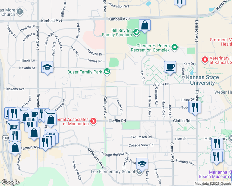 map of restaurants, bars, coffee shops, grocery stores, and more near 1518 College Avenue in Manhattan