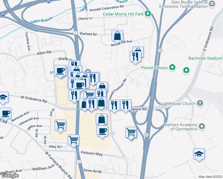 map of restaurants, bars, coffee shops, grocery stores, and more near 116 Water Fountain Way in Glen Burnie
