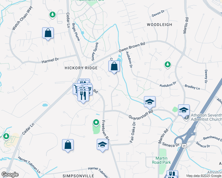 map of restaurants, bars, coffee shops, grocery stores, and more near 6421 Brass Knob in Columbia