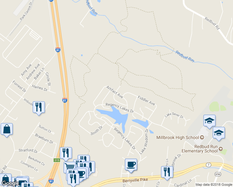 map of restaurants, bars, coffee shops, grocery stores, and more near 127 Artifact Avenue in Winchester