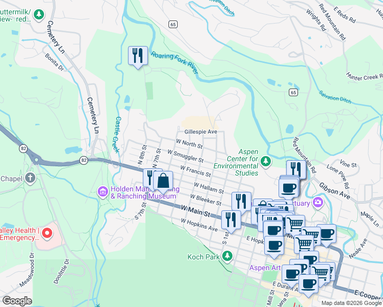 map of restaurants, bars, coffee shops, grocery stores, and more near 540 West Smuggler Street in Aspen