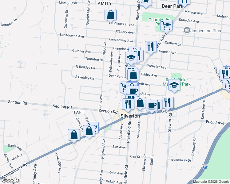 map of restaurants, bars, coffee shops, grocery stores, and more near 3935 East Gatewood Lane in Cincinnati
