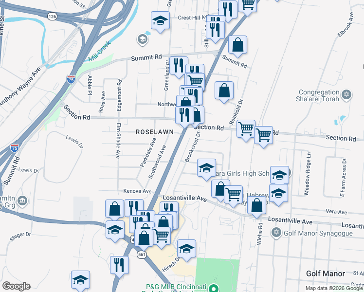 map of restaurants, bars, coffee shops, grocery stores, and more near 7348 Reading Road in Cincinnati