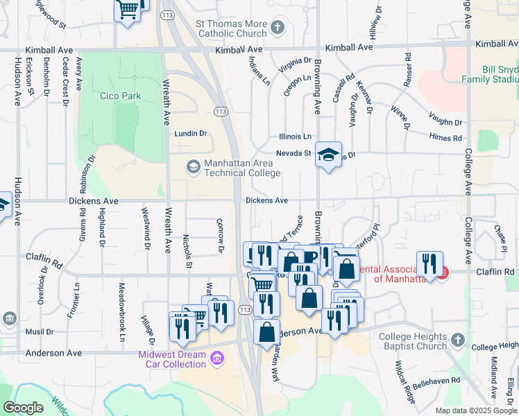 map of restaurants, bars, coffee shops, grocery stores, and more near 1600 Virginia Drive in Manhattan