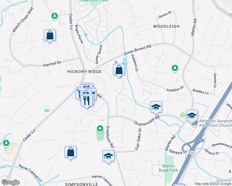 map of restaurants, bars, coffee shops, grocery stores, and more near 6421 Brass Knob in Columbia