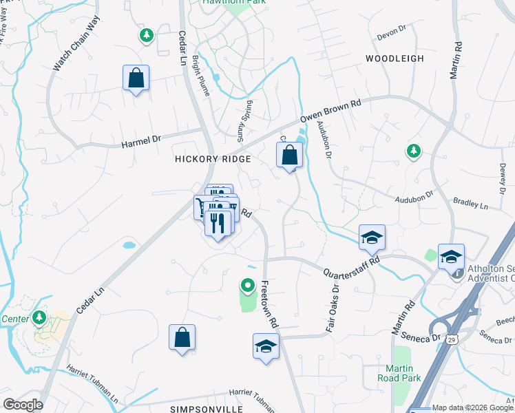 map of restaurants, bars, coffee shops, grocery stores, and more near 6401 Hickory Overlook in Columbia