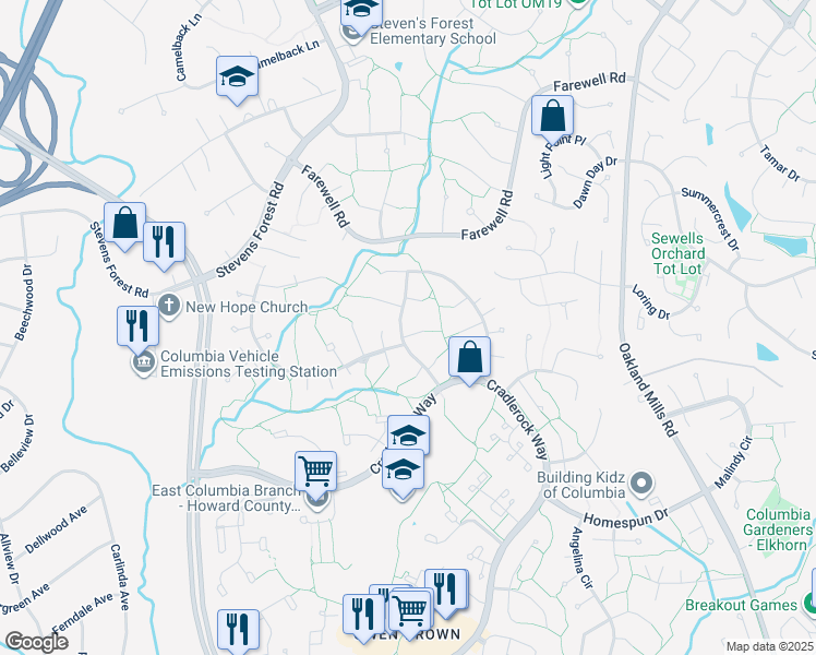 map of restaurants, bars, coffee shops, grocery stores, and more near 6375 Scarlet Petal in Columbia