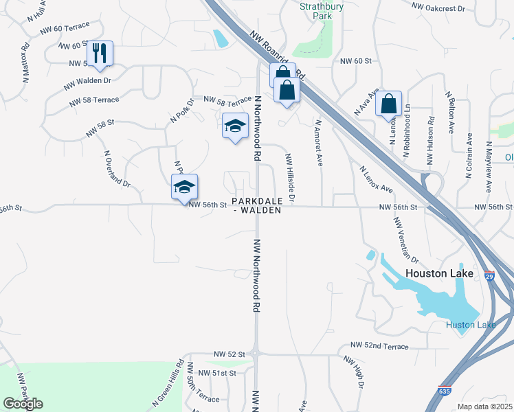 map of restaurants, bars, coffee shops, grocery stores, and more near N Northwood Rd & NW 56th St in Kansas City