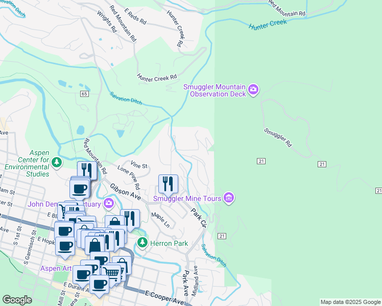 map of restaurants, bars, coffee shops, grocery stores, and more near 909 Spruce Street in Aspen