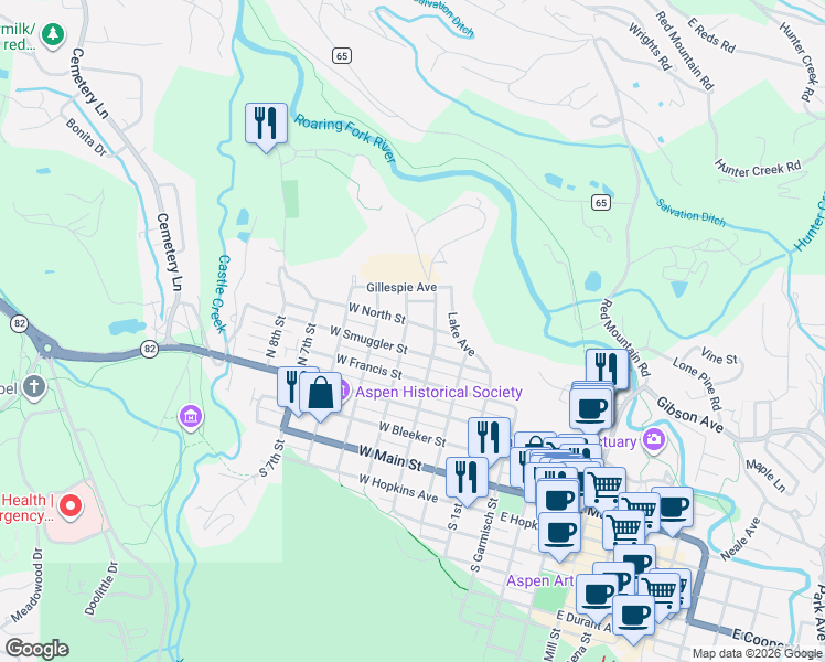 map of restaurants, bars, coffee shops, grocery stores, and more near 420 West North Street in Aspen
