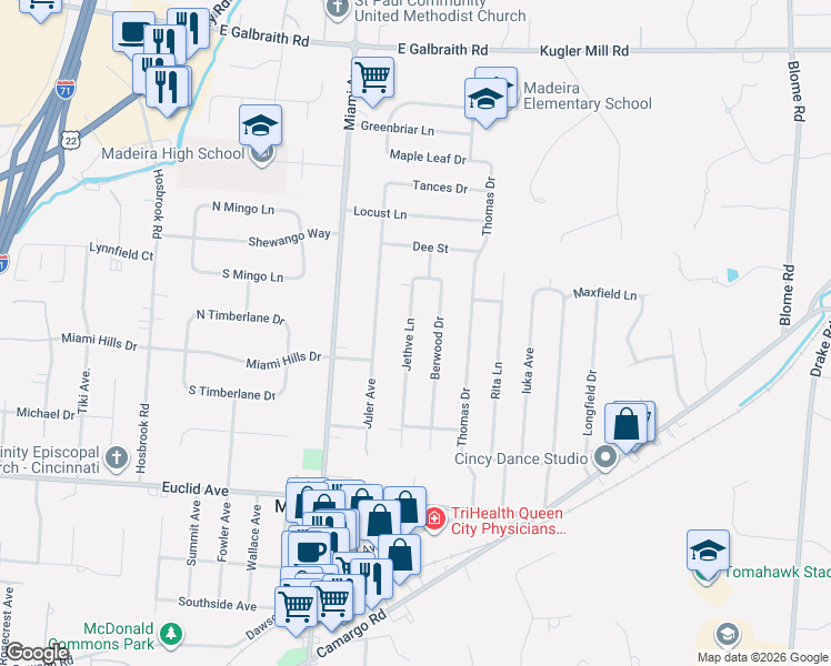 map of restaurants, bars, coffee shops, grocery stores, and more near 7271 Jethve Lane in Madeira