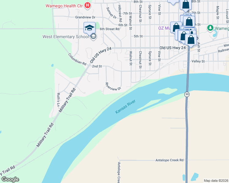 map of restaurants, bars, coffee shops, grocery stores, and more near 116 Riverview Drive in Wamego