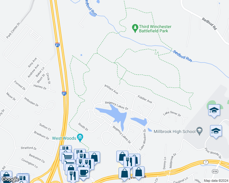map of restaurants, bars, coffee shops, grocery stores, and more near 129 Artifact Avenue in Winchester