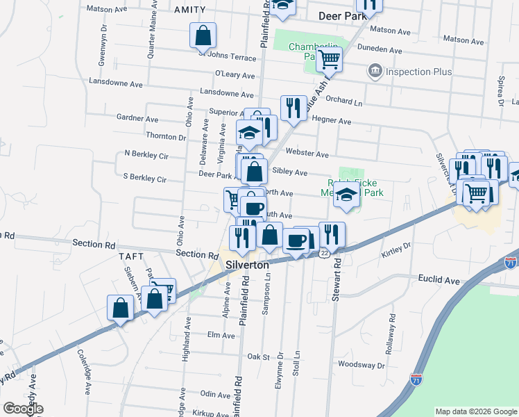 map of restaurants, bars, coffee shops, grocery stores, and more near 7011 Plainfield Road in Cincinnati