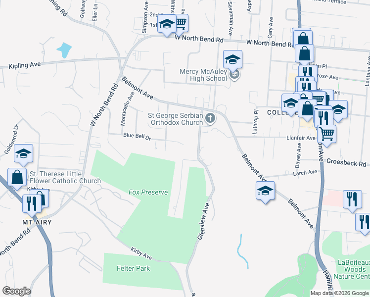 map of restaurants, bars, coffee shops, grocery stores, and more near 1915 Blue Bell Drive in Cincinnati