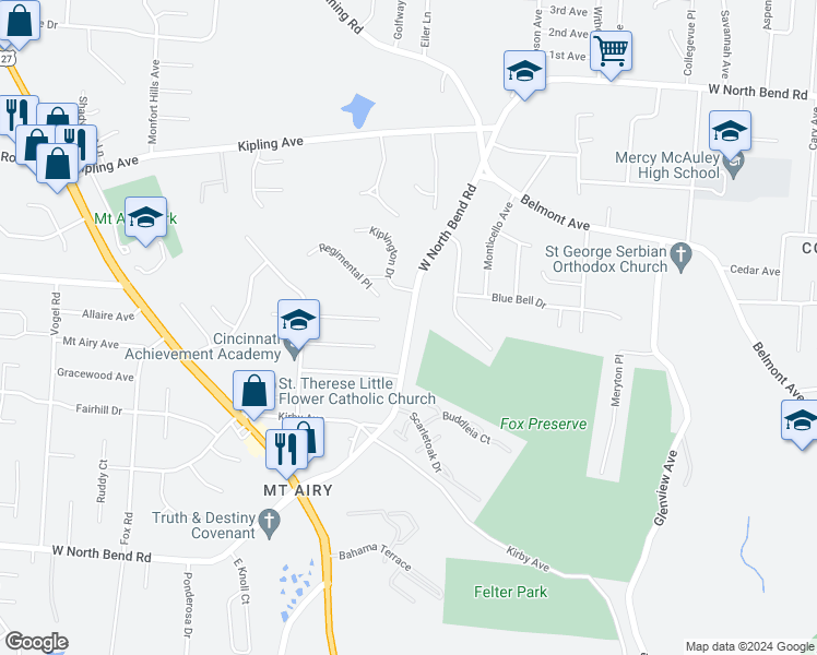 map of restaurants, bars, coffee shops, grocery stores, and more near 2345 West North Bend Road in Cincinnati