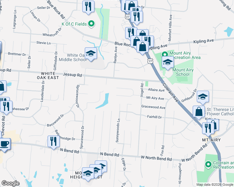 map of restaurants, bars, coffee shops, grocery stores, and more near 2881 Roseann Lane in Cincinnati