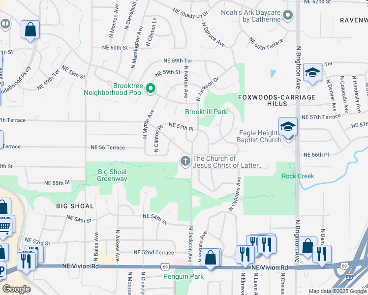 map of restaurants, bars, coffee shops, grocery stores, and more near 4024 Northeast 57th Terrace in Kansas City