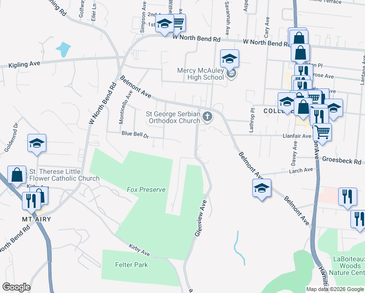 map of restaurants, bars, coffee shops, grocery stores, and more near 1915 Blue Bell Drive in Cincinnati