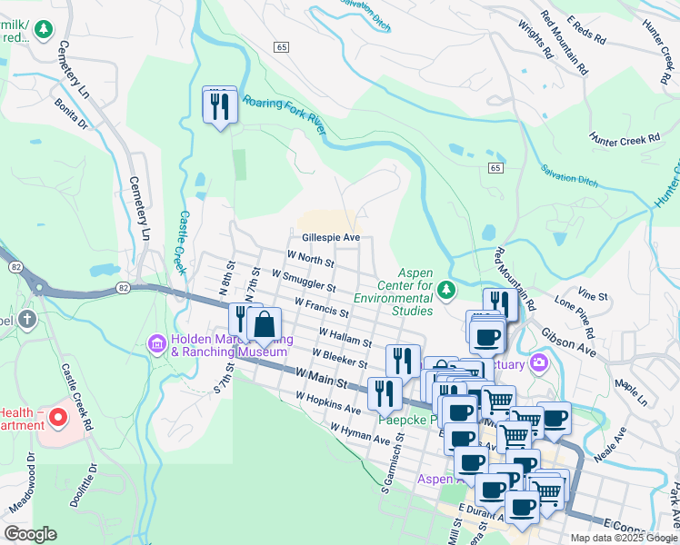 map of restaurants, bars, coffee shops, grocery stores, and more near 420 West North Street in Aspen