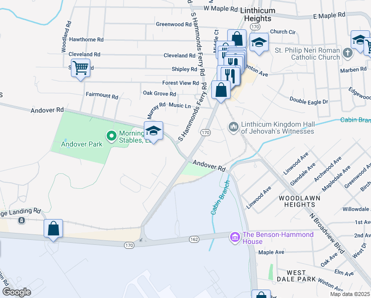 map of restaurants, bars, coffee shops, grocery stores, and more near 806 South Camp Meade Road in Linthicum Heights
