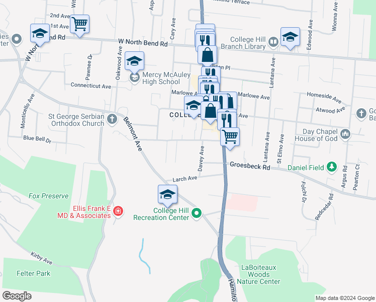 map of restaurants, bars, coffee shops, grocery stores, and more near 1701 Llanfair Avenue in Cincinnati