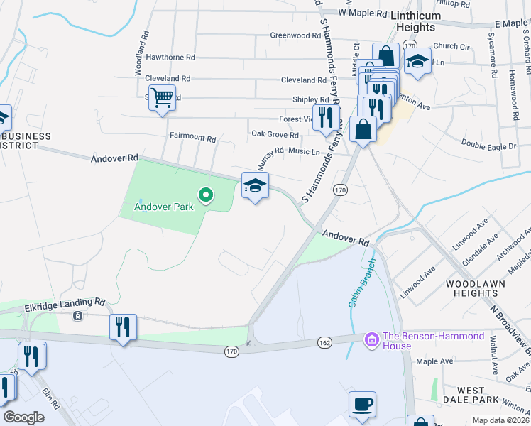 map of restaurants, bars, coffee shops, grocery stores, and more near 415 Andover Road in Linthicum Heights